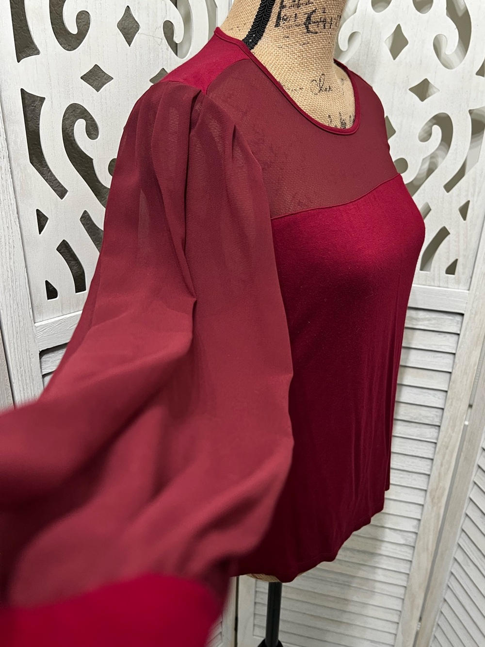 Lascana Women’s Mesh Yoke Long Sleeve Top - Burgundy - Picture 4 of 13